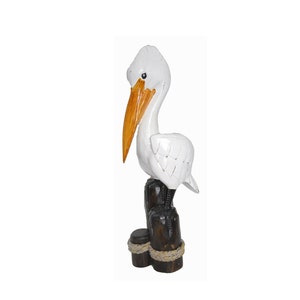 Pelican on 3 post 25.5" High Hand Carved and Painted out of Wood Nautical Coastal Cottage Boat Lake House Statue Art