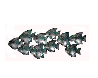 Beautiful Unique AQUA TEAL GREEN Nautical School of Fish Contemporary Metal Wall Art