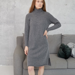 Kaschmir Pullover Kleid mit seitlichen Schlitzen, Damen Wolle Strickkleid, Winter Wollkleid mit langen Ärmeln, Plus size langes Winterkleid