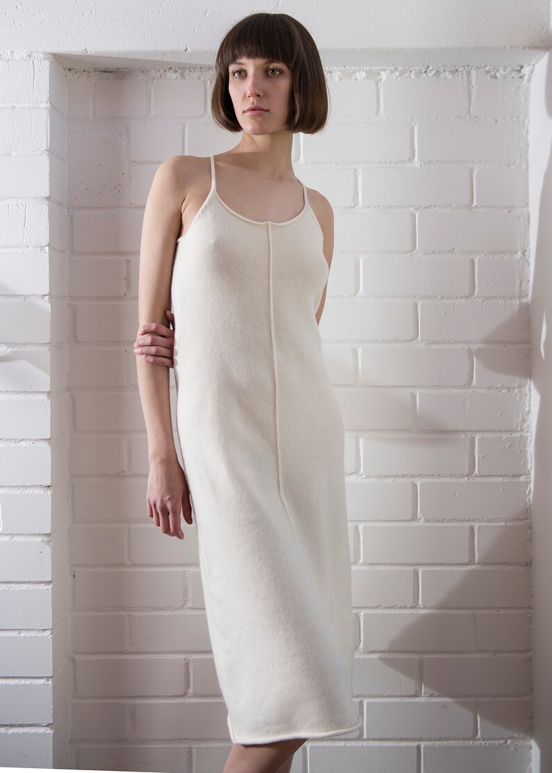 Cashmere slip dress for summer, Long nightdress with open back, Cashmere sundress for women, Cashmere nightgown, White sleeveless slip dress image 7