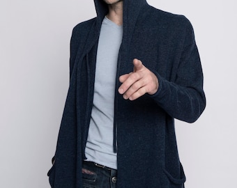 Cardigan in lana merino e cashmere lavorato a mano: blazer oversize con cappuccio da uomo