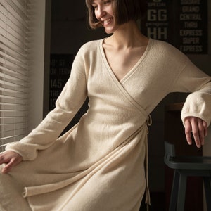 Cashmere wrap dress, Knitted wool dress for women, Oversized knit dress, Cashmere tunic dress,  Womens long sleeve midi dress, Winter dress