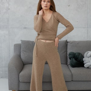 Women cashmere wide leg pants, Knitted cashmere sweatpants for women, Loose yoga pants, Cashmere homewear trousers, Women's loungewear pants image 5