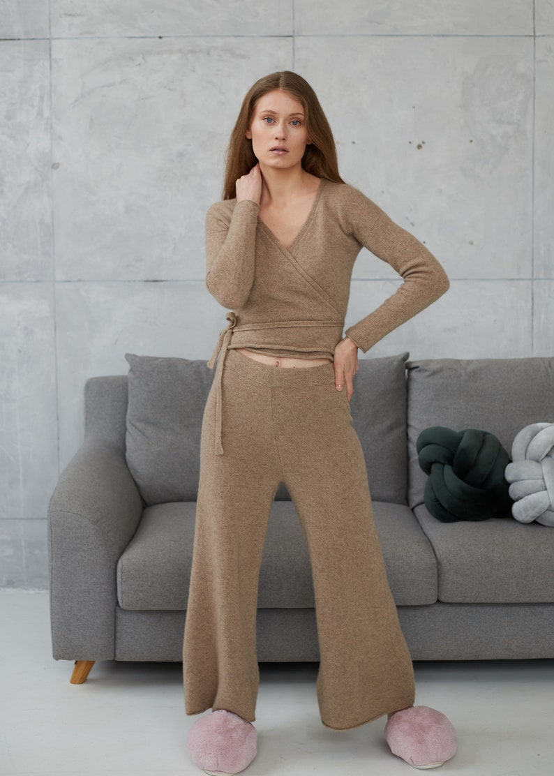 Women cashmere wide leg pants, Knitted cashmere sweatpants for women, Loose yoga pants, Cashmere homewear trousers, Women's loungewear pants image 5