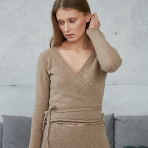 Wrap Cashmere Knitted Sweater, Cropped Wool Knit Sweater with Belt, Feminine V neck Women Sweater with Long Sleeves, Cashmere Wool Jumper image 3