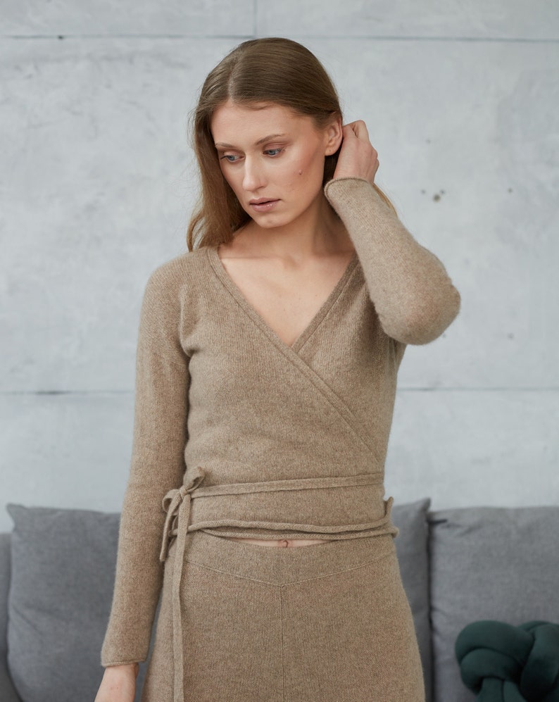 Wrap Cashmere Knitted Sweater, Cropped Wool Knit Sweater with Belt, Feminine V neck Women Sweater with Long Sleeves, Cashmere Wool Jumper image 3