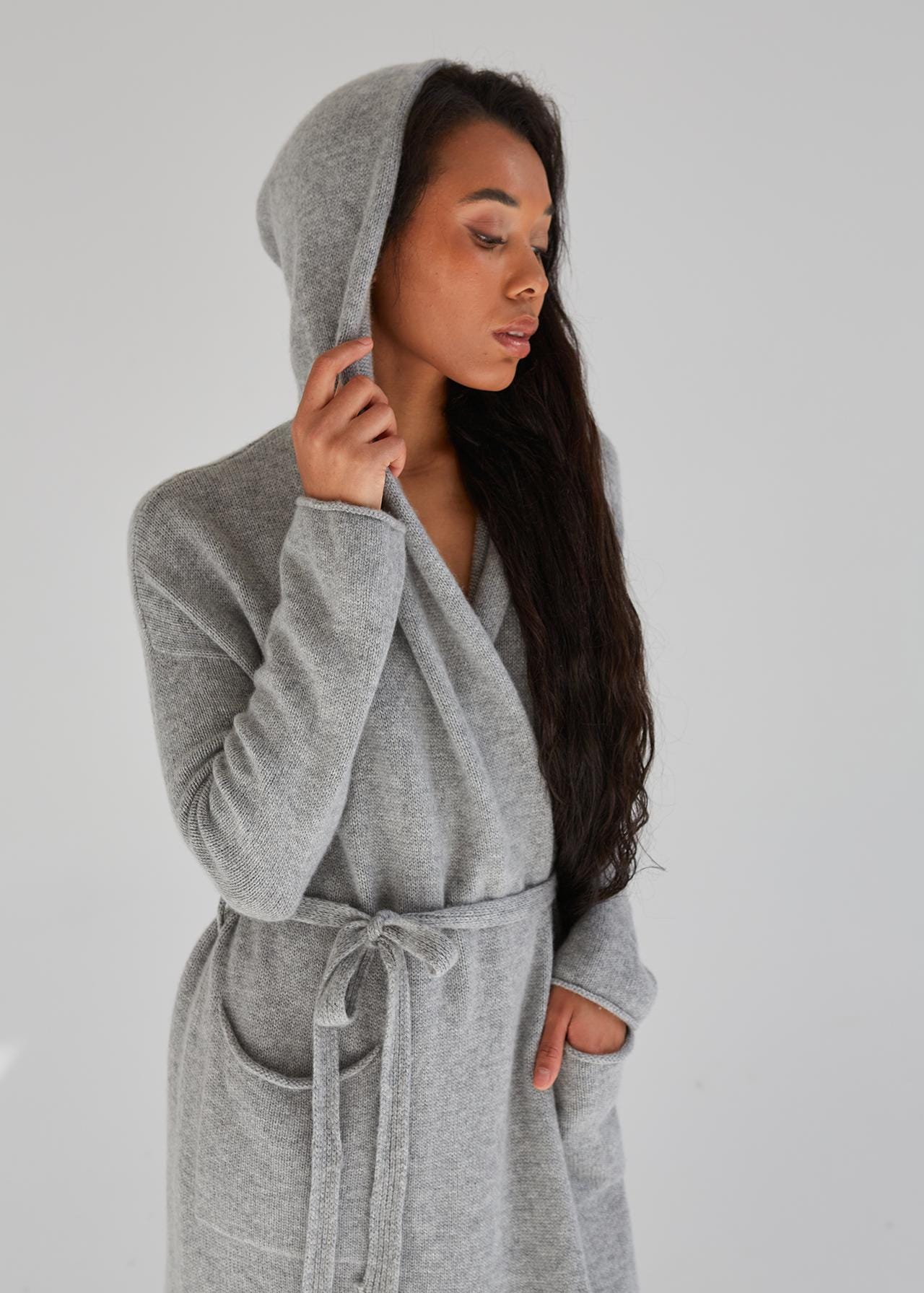 Pure Cashmere Hooded Long Cardigan With Pockets – Oversized
