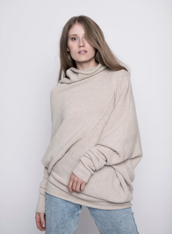 Pure Cashmere Knitted Asymmetric Sweater, Luxurious Cashmere Long Sleeves  Winter Sweater, Knit Pullover, Thick Cashmere Sweater 