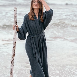 Cashmere long kimono robe, Plus size robe for women, Oversized cashmere bathrobe, Knitted wool cardigan robe, Homewear gift for her