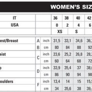 May include: A women's size chart with measurements in inches and centimeters. The chart includes chest/breast, waist, hip, and shoulder measurements, with corresponding sizes from XS to XL. The chart also includes Italian and USA sizes.