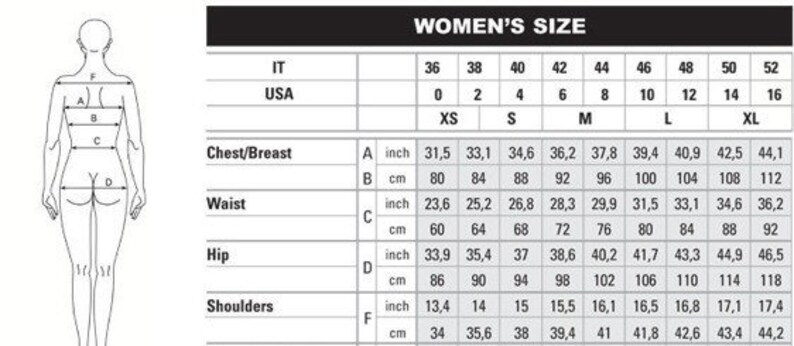 May include: A women's size chart with measurements in inches and centimeters. The chart includes chest/breast, waist, hip, and shoulder measurements, with corresponding sizes from XS to XL. The chart also includes Italian and USA sizes.