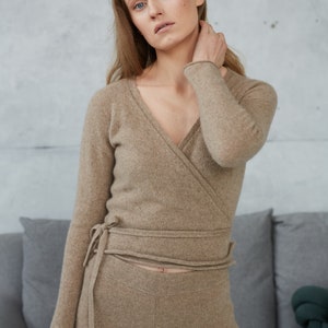 Wrap Cashmere Knitted Sweater, Cropped Wool Knit Sweater with Belt, Feminine V neck Women Sweater with Long Sleeves, Cashmere Wool Jumper