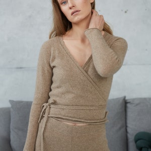 Wrap Cashmere Knitted Sweater, Cropped Wool Knit Sweater with Belt, Feminine V neck Women Sweater with Long Sleeves, Cashmere Wool Jumper Beige