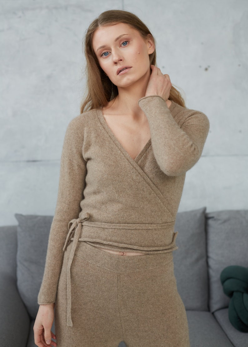 Wrap Cashmere Knitted Sweater, Cropped Wool Knit Sweater with Belt, Feminine V neck Women Sweater with Long Sleeves, Cashmere Wool Jumper Beige