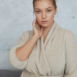 Cashmere short kimono robe, Plus size robe for women, Oversized thin cashmere bathrobe, Knitted wool cardigan robe, Homewear gift for her