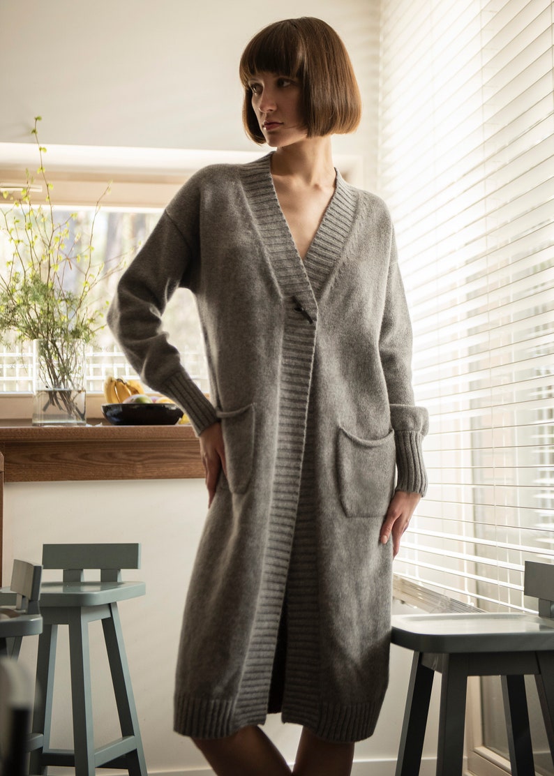 Cashmere cardigan Long knitted with belt, Womens cashmere coat, Long sleeve thick knitted robe for home, Cashmere dressing gown for women image 3