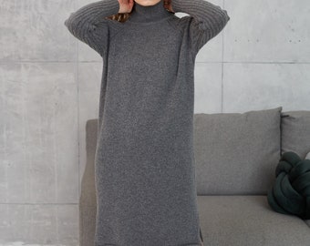 Cashmere sweater dress with side slits, Womens wool knitted dress, Winter wool dress with long sleeves, Plus size long winter dress