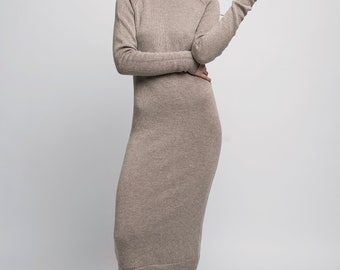 Kaschmir-Damen-Pullover-Kleid, Maxi-Kleid für Winter und Herbst, langes Winterkleid mit langen Ärmeln, reines Kaschmir-Bleistiftkleid