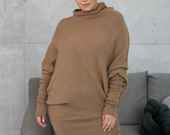 Pure Cashmere Knitted Asymmetric Sweater Dress, Luxurious Cashmere long sleeves Winter sweater dress, knit Pullover, Thin cashmere sweater