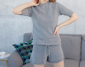 Cashmere shirt and shorts pajama set, luxurious cashmere yoga set, pure cashmere nightwear, Cashmere sleepwear