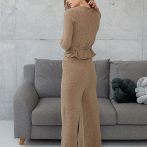 Women cashmere wide leg pants, Knitted cashmere sweatpants for women, Loose yoga pants, Cashmere homewear trousers, Women's loungewear pants image 3