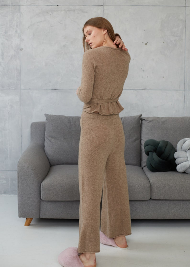 Women cashmere wide leg pants, Knitted cashmere sweatpants for women, Loose yoga pants, Cashmere homewear trousers, Women's loungewear pants image 3