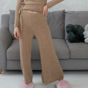 Women cashmere wide leg pants, Knitted cashmere sweatpants for women, Loose yoga pants, Cashmere homewear trousers, Women's loungewear pants image 1