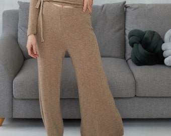 Women cashmere wide leg pants, Knitted cashmere sweatpants for women, Loose yoga pants, Cashmere homewear trousers, Women's loungewear pants