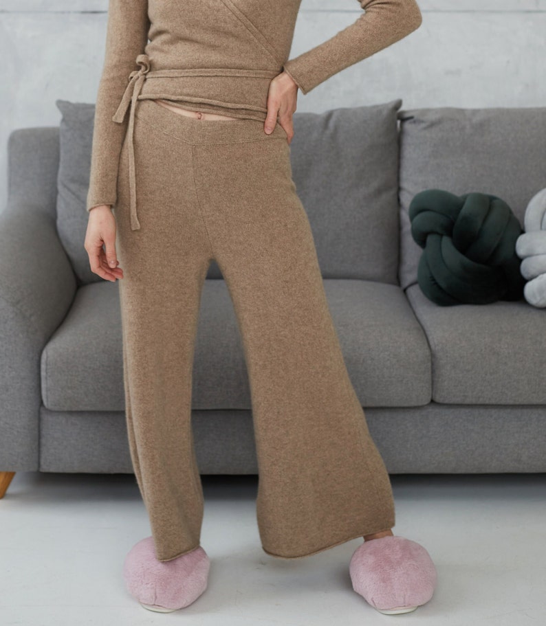 Women cashmere wide leg pants, Knitted cashmere sweatpants for women, Loose yoga pants, Cashmere homewear trousers, Women's loungewear pants image 1