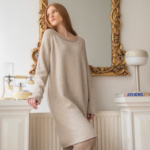 Oversized cashmere and wool midi dress, Knitted tunic dress, Women sweater dress with long sleeves, Loose knit dress for spring, fall