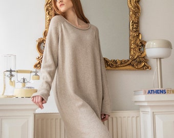 Robe midi surdimensionnée en cachemire et en laine, robe tunique tricotée, robe pull femme à manches longues, robe en tricot ample pour le printemps, l’automne