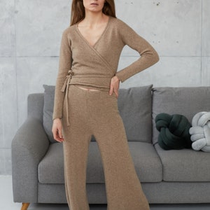 Wrap Cashmere Knitted Sweater, Cropped Wool Knit Sweater with Belt, Feminine V neck Women Sweater with Long Sleeves, Cashmere Wool Jumper image 2
