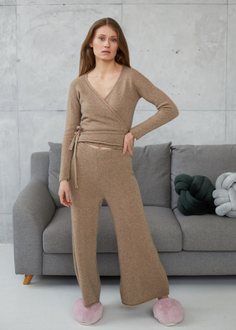 Wrap Cashmere Knitted Sweater, Cropped Wool Knit Sweater with Belt, Feminine V neck Women Sweater with Long Sleeves, Cashmere Wool Jumper image 2