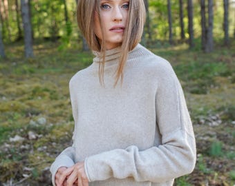 Coltrui van kasjmier en wol voor dames, grof gebreide coltrui, grijze oversized trui voor de herfst en winter, warme damestrui