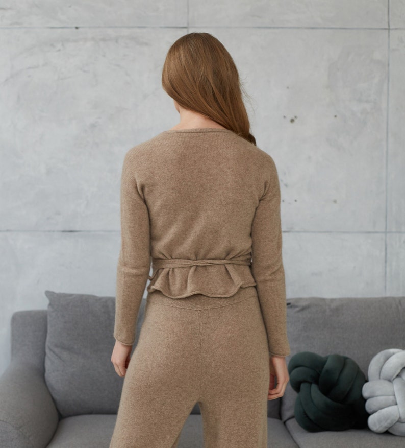 Wrap Cashmere Knitted Sweater, Cropped Wool Knit Sweater with Belt, Feminine V neck Women Sweater with Long Sleeves, Cashmere Wool Jumper image 5