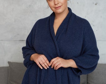 Cashmere bathrobe for women, Pure Cahsmere thin knitted wrap robe, Womens short kimono robe, XXL short summer robe, gift for wife