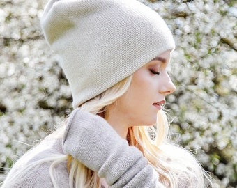 Kaschmir Doppelschicht Mütze für Frauen, Handgestrickte Mütze, Kaschmir, Strickmütze, Slouchy Mütze, Beanie Mütze, Strickmütze, Weihnachtsgeschenke für Sie