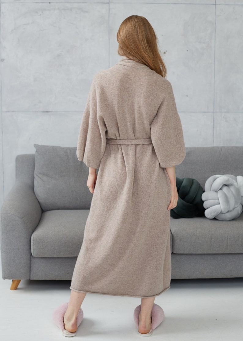 Cashmere long kimono robe, Plus size robe for women, Oversized cashmere bathrobe, Knitted wool cardigan robe, Homewear gift for her image 6