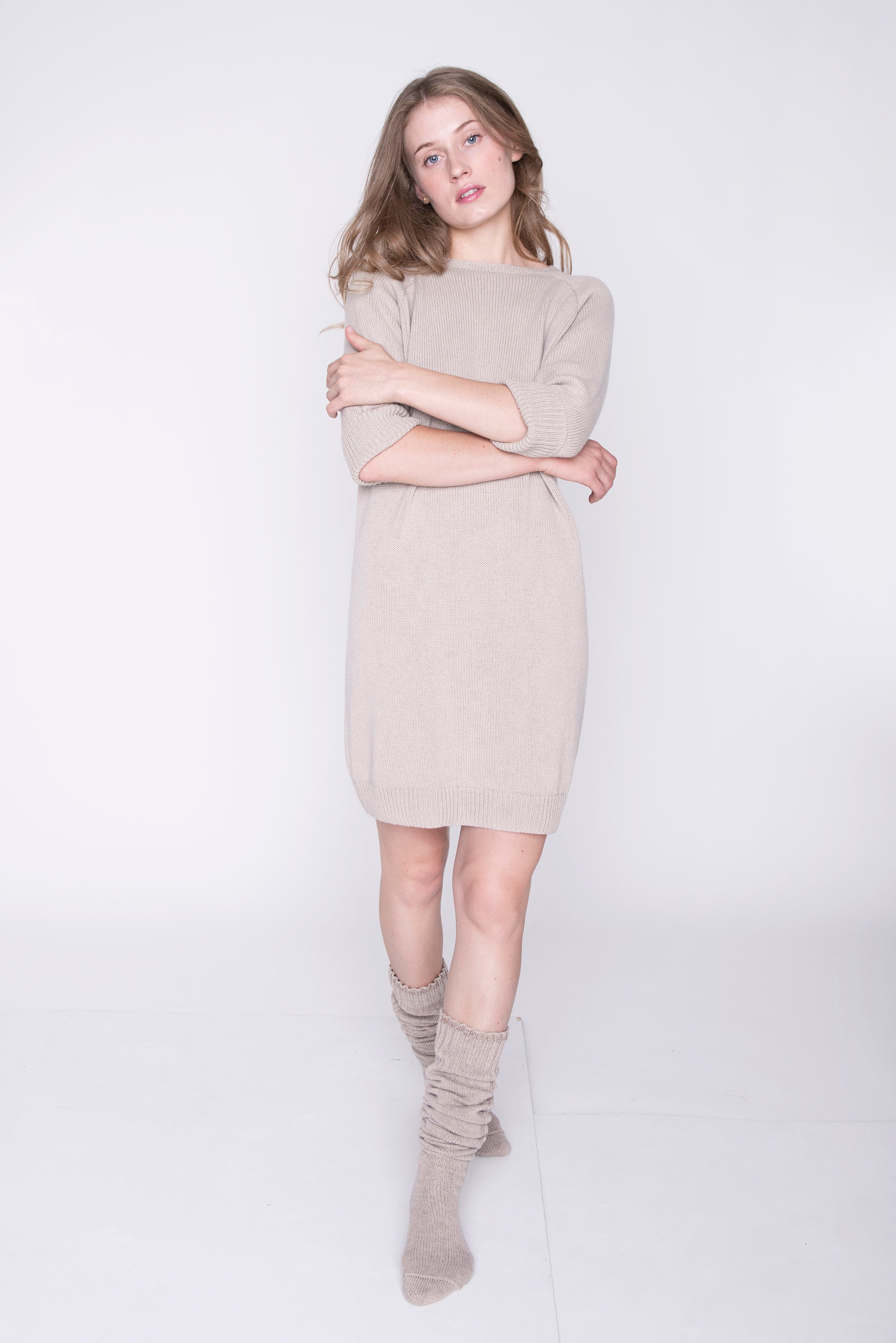 cashmere sweater dress short Wool and cashmere short knit dress Woman, White