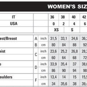 May include: A size chart for clothing featuring a black and white line drawing of a human figure with labeled measurement points A, B, C, D, and F. The table displays conversion values for IT, USA, and standard sizes, including chest, waist, hip, and shoulder measurements in inches and centimeters.