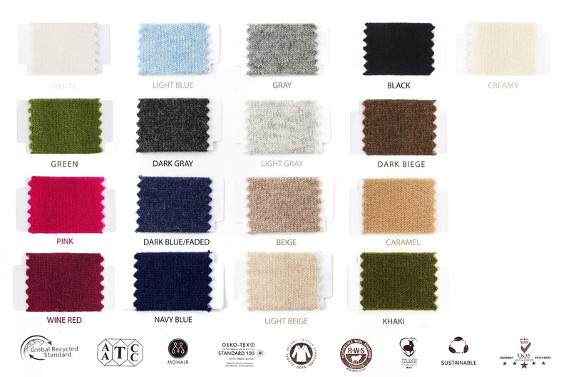May include: A collection of eighteen rectangular fabric swatches with pinked edges, arranged in a grid. Colors include white, light blue, gray, black, creamy, green, dark gray, light gray, dark beige, pink, dark blue, beige, caramel, wine red, navy blue, light beige, and khaki.