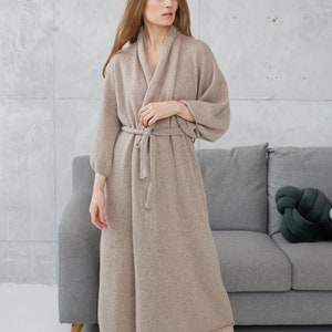 Cashmere long kimono robe, Plus size robe for women, Oversized cashmere bathrobe, Knitted wool cardigan robe, Homewear gift for her image 4