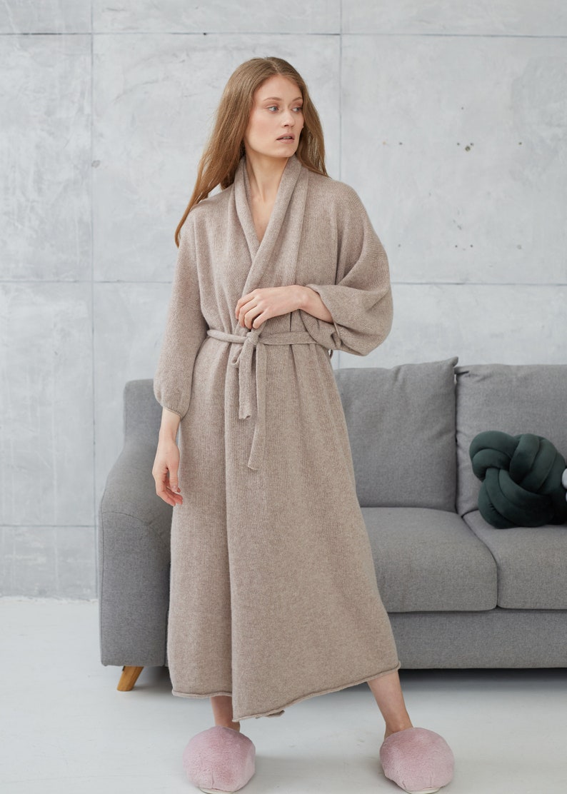 Cashmere long kimono robe, Plus size robe for women, Oversized cashmere bathrobe, Knitted wool cardigan robe, Homewear gift for her image 4