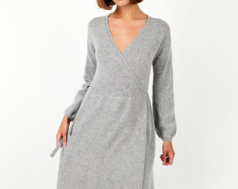 Cashmere and wool wrap dress, Knitted wool dress for women, Oversized knit dress, Gray Cashmere tunic dress,  Womens long sleeve midi dress