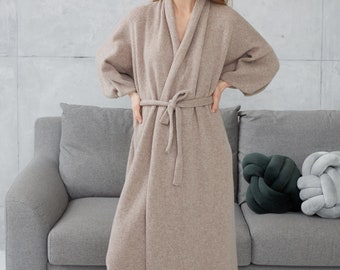 Cashmere long kimono robe, Plus size robe for women, Oversized cashmere bathrobe, Knitted wool cardigan robe, Homewear gift for her