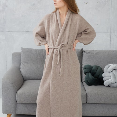 Peignoir kimono long en cachemire, peignoir grande taille pour femme, peignoir surdimensionné en cachemire, cardigan en laine tricoté, cadeau d'intérieur pour elle