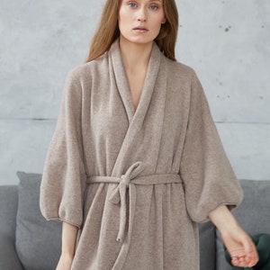 Cashmere long kimono robe, Plus size robe for women, Oversized cashmere bathrobe, Knitted wool cardigan robe, Homewear gift for her image 5