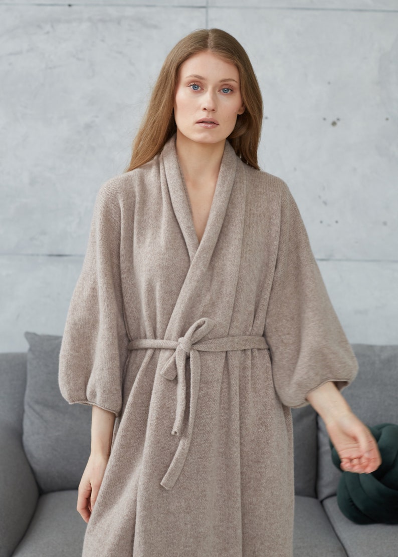 Cashmere long kimono robe, Plus size robe for women, Oversized cashmere bathrobe, Knitted wool cardigan robe, Homewear gift for her image 5