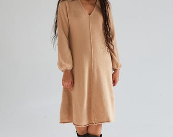 Cashmere Midi Dress – Milk Chocolate Brown Knit, Size M With Leather Belt