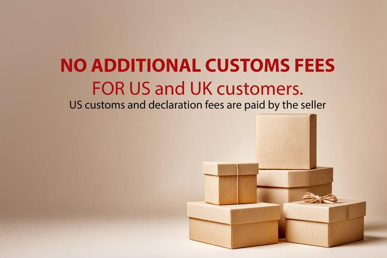 May include: Several stacked, unopened cardboard boxes of varying sizes. The boxes are tied with twine or ribbon. Text in red at the top reads "NO ADDITIONAL CUSTOMS FEES FOR US and UK customers."